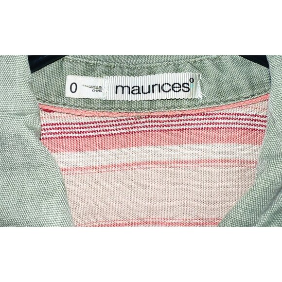 Maurices Women's Size 0 Button-Up Long Sleeve Shirt Olive & Pink Striped Yoke - Picture 3 of 3